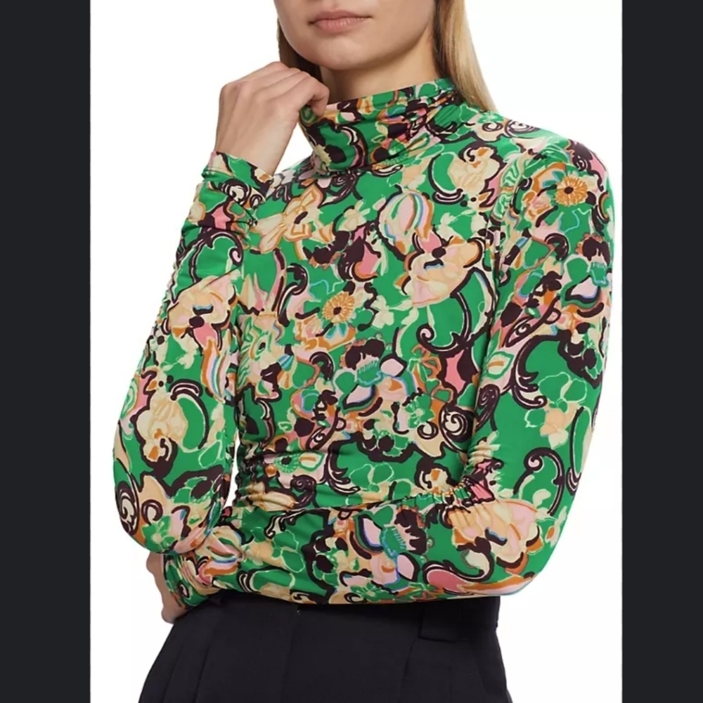 A.L.C. James Green Turtleneck Floral Jersey Long Sleeves Women's Top Size XS